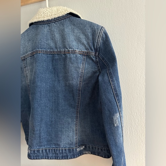 Kensie Jean Sherpa Jacket Distressed Medium Blue Wash Stretch Denim Size Large - Picture 4 of 10